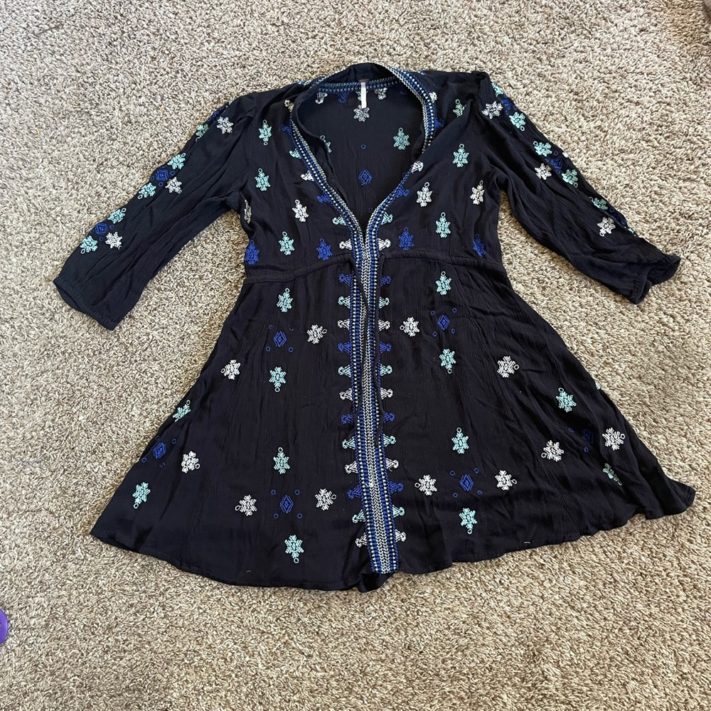 Free People | Black Dress with Blue and White Embroidery | size Small